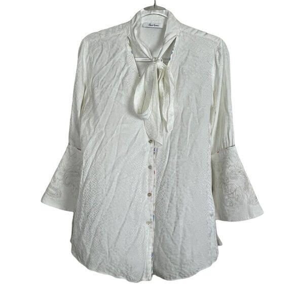 Robert Graham Silk Bamboo Ivory Button Up Bell Sleeve Embroidered Women's Size S - Picture 1 of 8